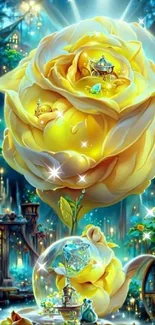 Fantasy wallpaper with glowing yellow rose in a mystical setting.