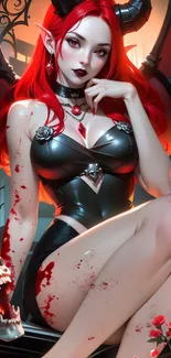 Dark gothic character with red hair in fantasy setting.