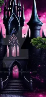 Gothic castle under purple night sky