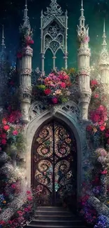 Enchanted gothic castle with floral archway under moonlit sky.