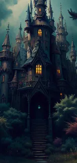 Enchanted gothic castle surrounded by a mystical forest in dark tones.