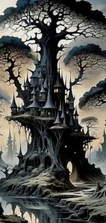 Gothic fantasy scene with tree castles and mystical forest.