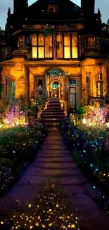 Enchanting Gothic manor with illuminated garden path.