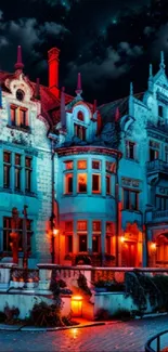 Gothic mansion illuminated at night with vibrant colors.