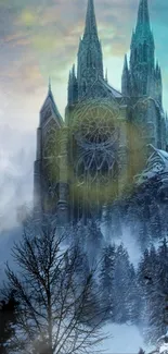 Gothic castle amidst snow-covered forest with dramatic spires.