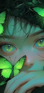 Fantasy art with green butterflies and ethereal eyes.