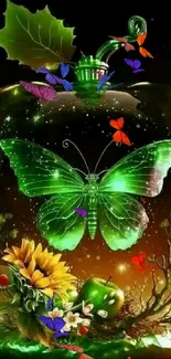 Luminous green butterfly within an artistic scene featuring vibrant foliage.