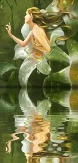 Enchanted fairy embracing reflections surrounded by lush green foliage.