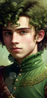 Fantasy portrait of a curly-haired figure in green attire.