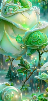 Green roses with glowing accents in an enchanted fantasy setting.