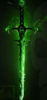 Neon green sword with dark fantasy design on mobile wallpaper.