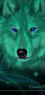 Enchanted teal wolf with glowing blue eyes on dark backdrop.