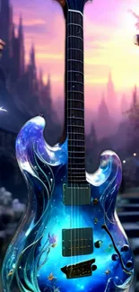 Enchanting guitar in a fantastical landscape setting at sunset.