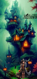 Enchanted castle at night with witch on Halloween wallpaper.