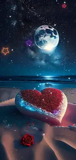 Heart sculpture on a moonlit beach under a starry sky.