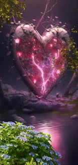 Glow of a mystical heart in a forest setting with vibrant flowers.