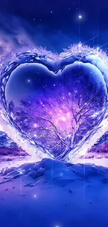 Heart-shaped ice with tree inside against a blue winter backdrop.