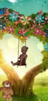 Child on swing under floral heart tree next to teddy bear.