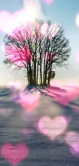 Winter landscape with heart bokeh and pink hues.