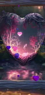 Magical heart-shaped scene with purple hues and fantasy forest elements.