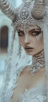 Fantasy horned bride in silver attire