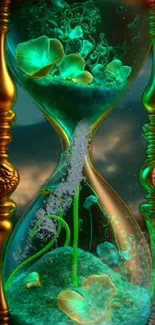 Enchanted hourglass with glowing green elements on mobile wallpaper.