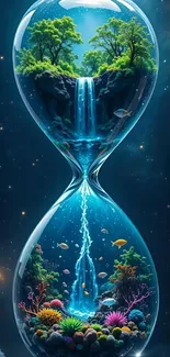 An enchanted hourglass showcasing nature with trees and waterfalls.