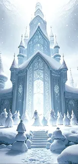 Enchanted ice castle in a snowy landscape.