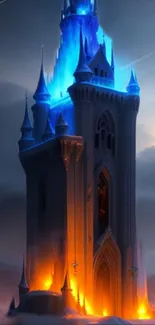 Majestic icy castle with blue and orange firelight.