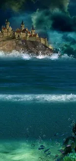 Enchanted island with castle and vivid underwater scene.