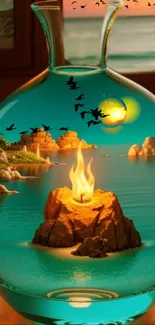 Captivating island in a glass vase with a flaming rock centerpiece.