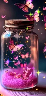 Glass jar with pink butterflies and sparkles.