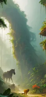 Enchanted jungle scene with animals and lush greenery in misty light.