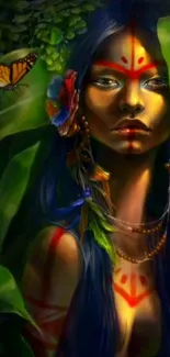 Enchanted jungle portrait featuring a mystical figure and butterfly.