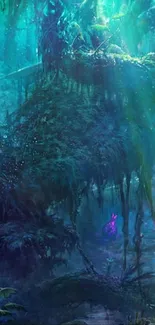 Fantasy jungle scene with teal hues and magical atmosphere.