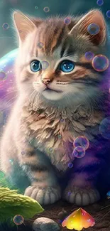 Cute kitten surrounded by magical and colorful forest elements, fantasy art style.