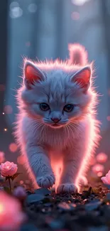 Enchanting scene of kitten glowing in a dreamy forest with flowers.