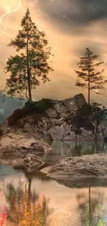 Calm lake with trees at sunset, rocky foreground, warm sky hues.