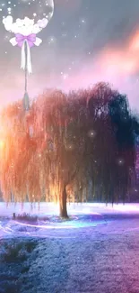 Magical tree with pinkish purple sky and glowing surroundings in a fantasy landscape.