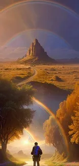 Enchanting fantasy landscape wallpaper with rainbows and vibrant scenery.