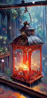 A magical lantern glowing in an enchanting forest setting.