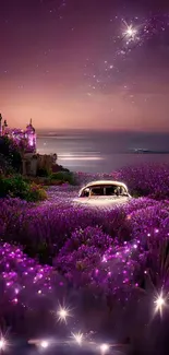 Lavender fields and vintage car under a starry night sky.