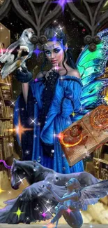 Fantasy fairy in blue dress with wings in a mystical library setting.