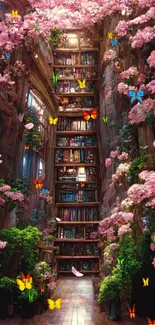 Fantasy library with pink flowers and butterflies.