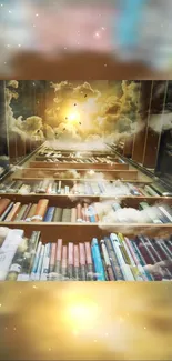 A fantastical library blending into golden clouds and sky, creating a surreal panorama.