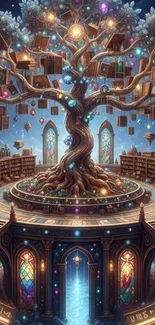 Whimsical fantasy library with a magical tree and glowing books.