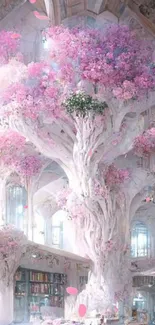 Magical library with a large pink blossoming tree and books.