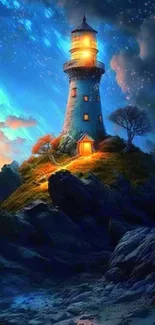 Enchanted lighthouse under a vibrant night sky with glowing stars.