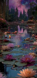 Enchanted lotus lake under a starry sky, perfect for phone wallpaper.