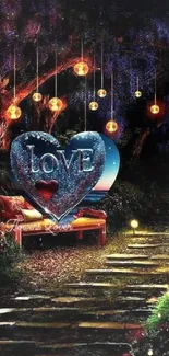 Romantic night with glowing lights and love heart on a scenic path.